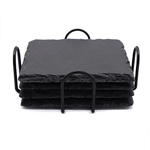 4 PCS Square Slate Drink Coasters Set, SIJDIEE 4 Inch Laser Engraving Black Slate Stone Coasters with Anti-Scratch Bottom and Coaster Holder for Office Bar Kitchen Home Dinner Table Decor Supplies