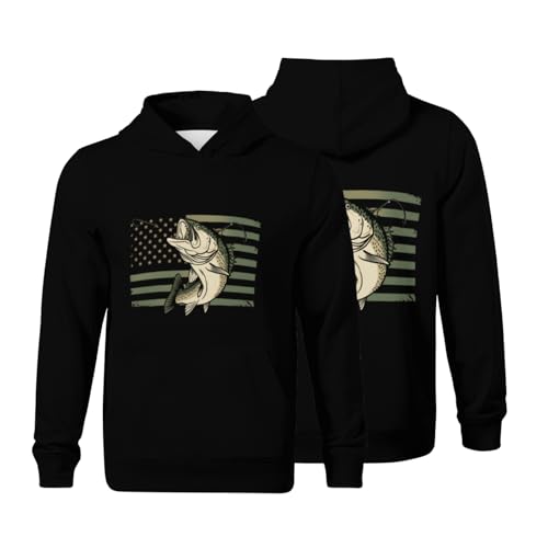 Kids Fishing US American Flag Bass Fishing Fisherman Boys Girls Lightweight Kangaroo Pocket Fleece Hoodies