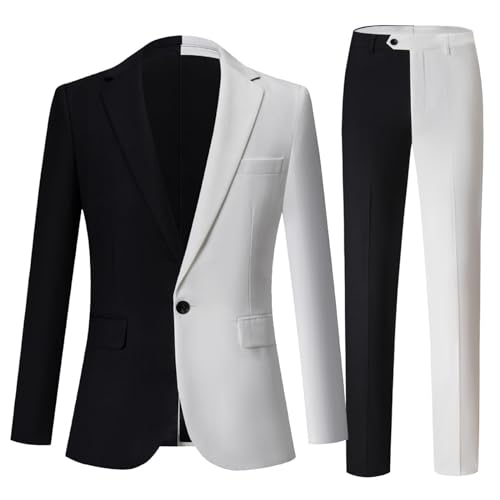 Mens Suits, 2 Piece Black and White Color Matching Breasted 1 Button Slim Fit Dress Business Casual Tuxedo Jacket Host Singer Clothing, Jackets Trousers,S,White