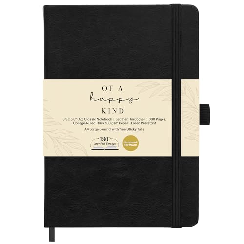 Lined Leather Bound Journal Notebook, A5 Hardcover - Black 5.8x8.3" - Thick 300 Pages College Ruled Paper Journals for Men and Women - Personal and Professional Note Book for Writing & Journaling
