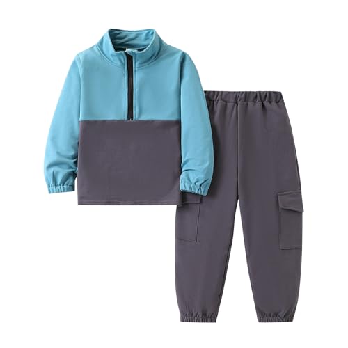 Image of Yoxindax Toddler Boys Clothes Quarter Zip Long Sleeve Sweatshirt Cargo Pants Set Color Block Fall Outfits Set Size 5 6
