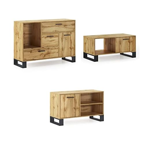 Skraut Home | Muebles de Salón | Modelo Loft | Aparador, Mueble TV y Mesa de Centro | Estilo Nórdico | Diseño Moderno | Melamina | Color Roble y Negro