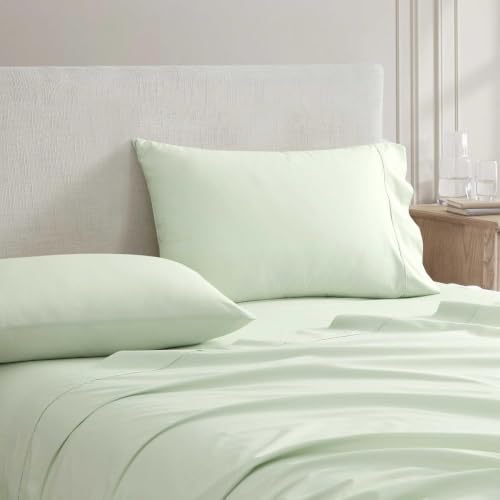 Image of Martha Stewart - Twin Size Sheets Set, Crisp & Tailored Cooling Sheets w /a Naturally Smooth Cotton Percale Lightweight Feel - Bed Sheets with Matching Pillowcase & Fitted Sheet (Skylands Solid Green)
