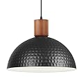 12" Hammered Metal Pendant Light,Black and Wood Pendant Lamp Fixture Ceiling Hanging Light,Modern Industrial Style Dome Hanging Lights for Kitchen Island,Restaurant,Farmhouse Dining Room,Sink,Hallway