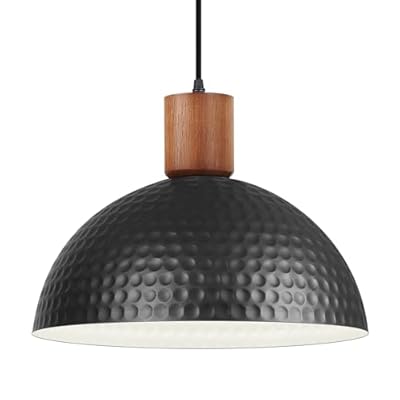 12" Hammered Metal Pendant Light,Black and Wood Pendant Lamp Fixture Ceiling Hanging Light,Modern Industrial Style Dome Hanging Lights for Kitchen Island,Restaurant,Farmhouse Dining Room,Sink,Hallway