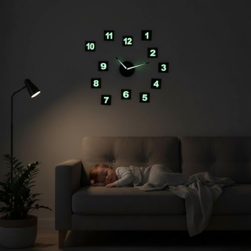Image of cozyloom Luminous DIY 3D Wall Clock Glow in Black - Wooden, Wall Clock with Radium Numbers, Modern Decorative Wall Watch for Living Room Bedroom Office