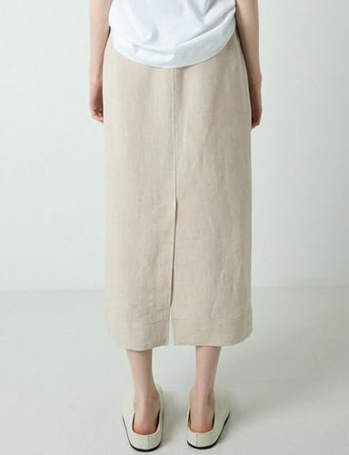 Mywinway Linen Skirts for Women Spring Summer Casual Trendy Elastic High Waisted Cotton Linen Midi Skirt with Pockets2