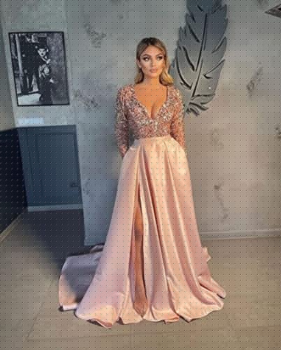 Fanciest V Neck Long Sleeve Prom Dresses with Slit Sequin Satin Formal Evening Gowns3