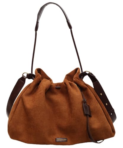 Women Suede Vegan Leather Crossbody Bag Large Ruched Shoulder Handbag Retro Hobo Tote Satchel Drawstring Top Handle