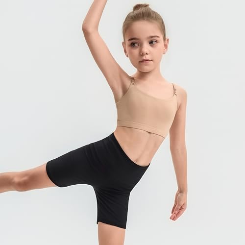 NEWCHAO Adjustable Dance Bra Seamless Bra for Girls,7-16 Years Training Ballet Gymnastics with Clear Strap and Silicone Pads