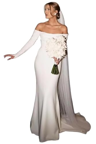 Mermaid Wedding Dress for Bride Long Sleeve Ivory Bride Dress with Train Satin Civil Wedding Gowns Backless US2 BOFD5
