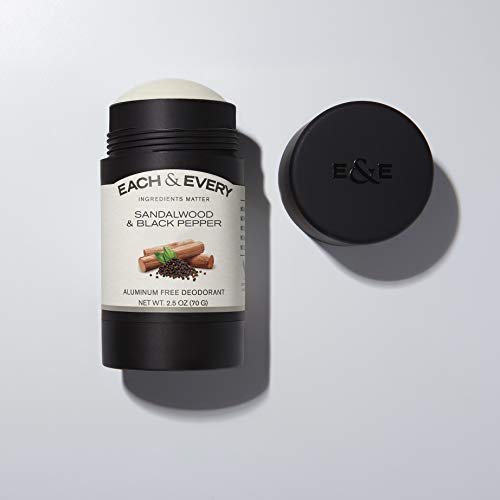 Each & Every Natural Aluminum-Free Deodorant for sensitive skin made with Essential Oils, Plant-Based Packaging, Sandalwood & Black Pepper, 2.5 Oz.