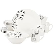 Gibson Home Black Squares 12 Piece Round Fine Ceramic Dinnerware Set in White