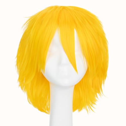Image of S-noilite Unisex Cosplay Yellow Wig Short Fluffy Straight Hair Wig Women Mens Cartoon Anime Con Party Halloween Costume Dress Full Wigs Yellow
