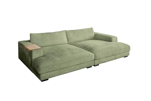 KAWOLA Big Sofa Madeline - Megasofa Couch in Olivgrün mit Naturholztablett für Armlehne, XXL Lounge Sofa KAWOLA Big Sofa Madeline - Megasofa Couch in Olivgrün mit Naturholztablett für Armlehne, XXL Lounge Sofa