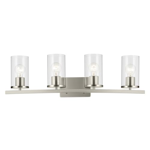 Image of Kichler Crosby 31.25 inch 4-Light Bathroom Vanity Light Fixture with Clear Glass in Brushed Nickel, Modern Wall Mount Lighting for Bathroom Over Mirror (31.25 inch x 8.75 inch), 45498NICLR