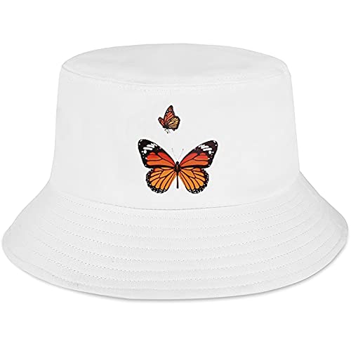 XYIYI Fashion White Butterfly Embroidery Bucket Hat Cotton Beach Fisherman Hats for Women Girls