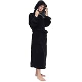 Seakanana Women's Large Hooded Black Long Bathrobe with Chest Button, Lightweight Fleece Soft House coat M