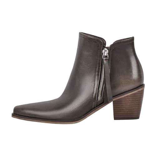 VERISSON Women's Pointed Toe Western Boots Stacked Mid Heel Ankle Boots with side Zippers Nubuck Leather Shoes