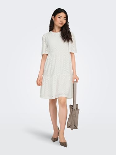 JDY Damen Kurzarm Kleid JDYCarla Cathinka A-Linie mit Lochmuster 15254680 Cloud Dancer L – Ansicht 5
