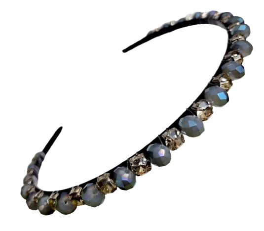 Extremely Unique Stunning and Elegant Handcrafted Headband, Featuring Crystals & Stones for Women (Greyish Blue & White CZ Stone)-image-28