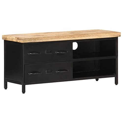 XHNIFBN Mueble bajo para TV, madera de mango, 90 x 30 x 41 cm, diseño industrial con 2 cajones y 2 compartimentos, para salón, dormitorio, pasillo