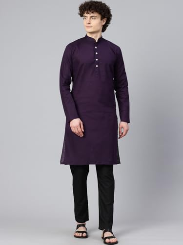 Image of Majestic Man Men's Cotton Regular Fit Casual Mandarin Collar Ethnic Motifs Solid Long Kurta