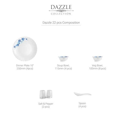 Image of Cello Opalware Dazzle Series Blue Swirl Dinner Set | Microwave & Dishwasher Safe | Light-Weight & Thermal Resistant | Crockery Set for Dining & Gifting | 22 Units