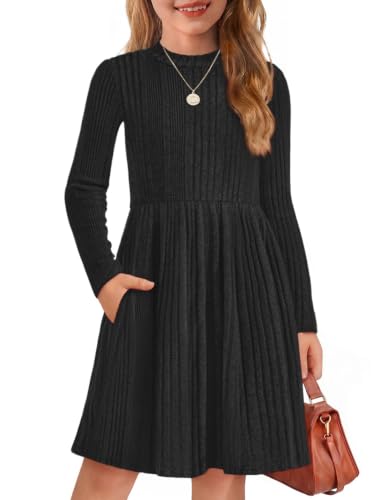 Image of Arshiner Girls Dresses Long Sleeve A Line Knit Sweater Dress with Pockets