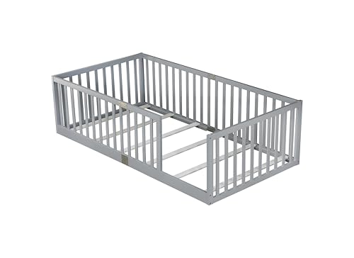 Image of Bellemave Twin Size Kids Montessori Floor Bed Frame with Slats,Solid Wood Floor Bed Frame with High Fence for Kids,Girls,Boys,Gray