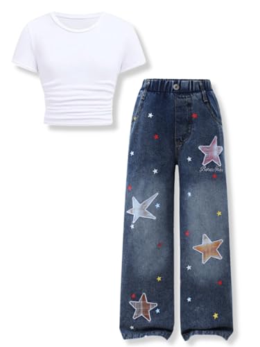 Image of Size 7-14 Years Girls 2 Piece Outfits Bow Short-Sleeved Top and Jeans Pants Clothing Set