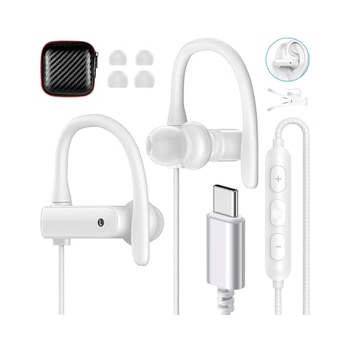 USB C Headphones Over Ear Hooks for iPhone 17 Air 16 15 Pro Max Plus, Wrap Around Ear Buds with Loops Mic Type C Earphone Running Sport Wired Earbud for Samsung S26 S25 S24 Ultra S23/Pixel 10, White