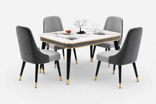 Image of WOODEN SPACE Majestic 4 Seater Wooden Dining Table Set | Urban Marble Top Dining Table with Chairs for Dining Room & Kitchen (Modern Vento Dark Grey) (54 x 36 x 30 inch)