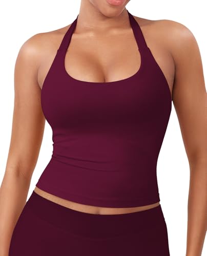 Image of YEOREO SoftHue Women's Impact Halter Tank Top Longline Backless Scoop Neck Built-in Bra Sports Workout Gym Crop Top