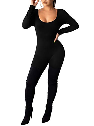 Lagshian Women's Sexy Bodycon Long Sleeve Scoop Neck One Piece Jumpsuit Romper Black #TOP2