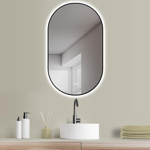 HOKO® Specchio-Bagno-con-Luce Ovale Antiappannamento LED 45x75cm con Cornice in Metallo Nero-Montaggio Verticale/Orizzontale+Interruttore Tattile+LED Regolabile Caldo/Freddo/Neutro 2700-6500k