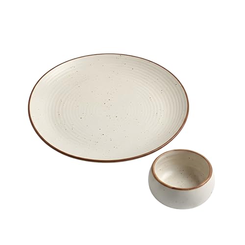 Image of miah decor Quarter Plates Ceramic Set of 6 with 2 Dip Bowls (160ml) - Off White Ribbed Design | Handmade Stoneware Side Plates for Snacks & Dessert | Microwave & Dishwasher Safe | Matte Finish