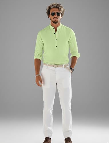 Image of Men's Cotton Blend Straight Kurta Shirt with Mandarin Collar - Slim Fit Casual Short Kurti Featuring Textured Slub Fabric and Roll-Up Full Sleeves