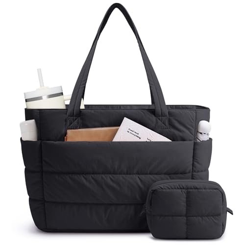 Narwey Tote Bags for Women Work Laptop Bags for Women with Makeup Pouch Puffer Teacher School Shoulder Hand Bag for College Shopping Travel Gym Dance Beach Nurse (Black)