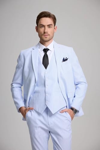 3 Piece Seersucker Suit Mens Slim Fit Beach Wedding Striped Suits Summer Groomsmen Blazer Vest Pants Set2