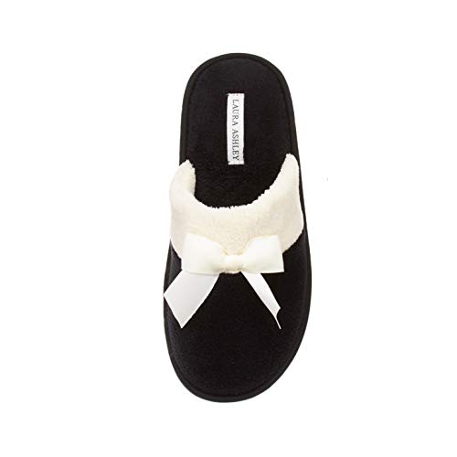 Laura Ashley Ladies Terry Scuff Slipper with Bow, Black, Large
