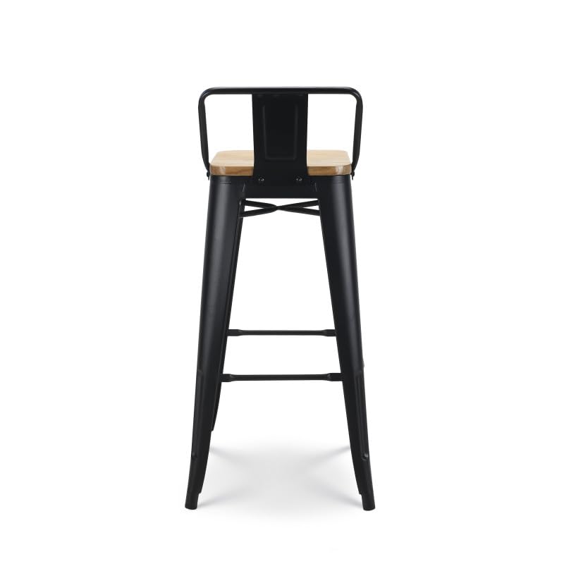 Kosmi - Silla de Bar, Taburete Grande de Estilo Industrial con pequeño Respaldo de Metal Negro Mate y Asiento de Madera Natural Clara, Altura del Asiento 76cm