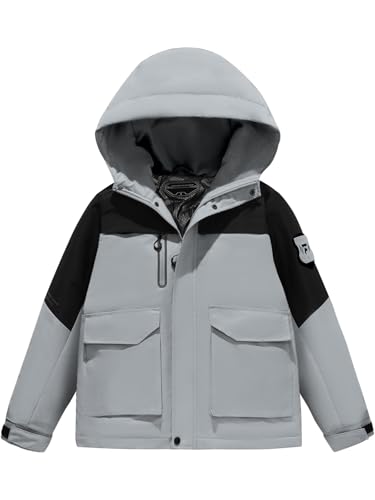 Boys Softshell Jacket with Magic Sleeve Patches Adjustable Hood Cuffs for Skiing Ages 6-16Y