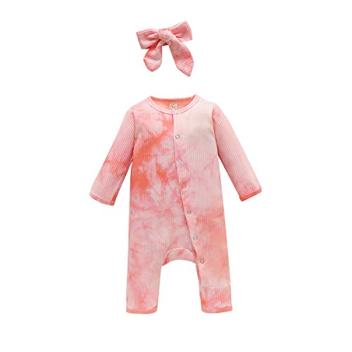 Newborn Baby Boy Girl Tie Dye Clothes Long Sleeve Knitting Button Romper Ribbed Bodysuit Fall Winter Pajamas Headband (Orange, 6-12 Months)
