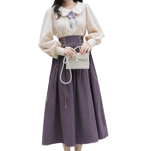 [LAVASEON] 量産型 可愛い 2点セット ブラウス スカート レディース ミモレ丈 上下セットアップ 蝶結び 地雷系 長袖 学院風 森ガール Aライン ロリータ 姫系 きれいめ デートのサムネイル