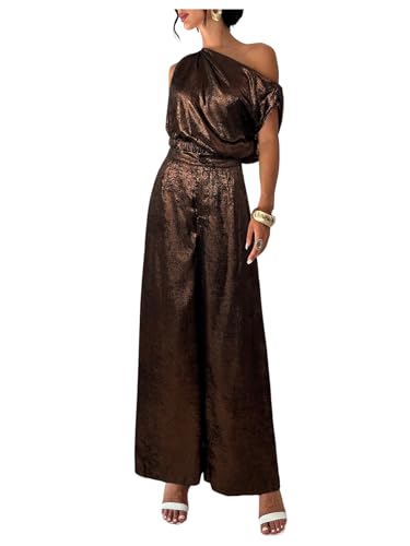 OYOANGLE Women's 2 Piece Outfits Metallic Sleeveless Asymmetrical Crop Blouse