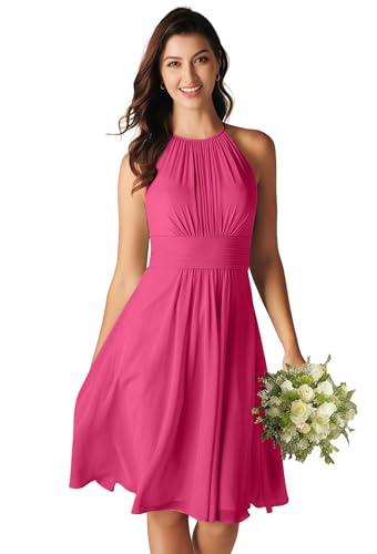 Women's Halter Chiffon Bridesmaid Dresses Short for Wedding A Line Empire Waist Formal Dress with Pleated