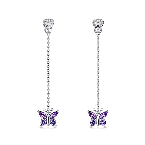 Pendientes de mariposa púrpura hipoalergenicos de plata larga para orejas sensibles