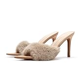 BOEGBNW Women'S Pointed Open-Toe Stiletto Cute Fuzzy Slide Sandals Sexy Slip On High Heel Feather Mules Wedding Birthday Bridal Party Dress Backless Slipper Pumps (Apricot,9)
