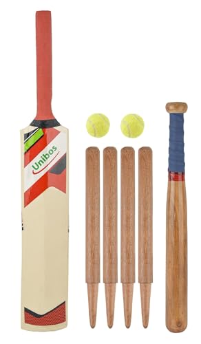 Unibos | 2-In-1 Size 3 Cricket & Rounders Set Complete Wooden Bat Set With Stumps Bails 2 Balls & Mesh Carry Bag Family Garden Outdoor Game For Fun
